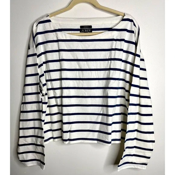 J Crew Cropped Boatneck T-shirt in Mariner Cotton Blue Stripe Sz 2X NEW Preppy - Picture 3 of 7